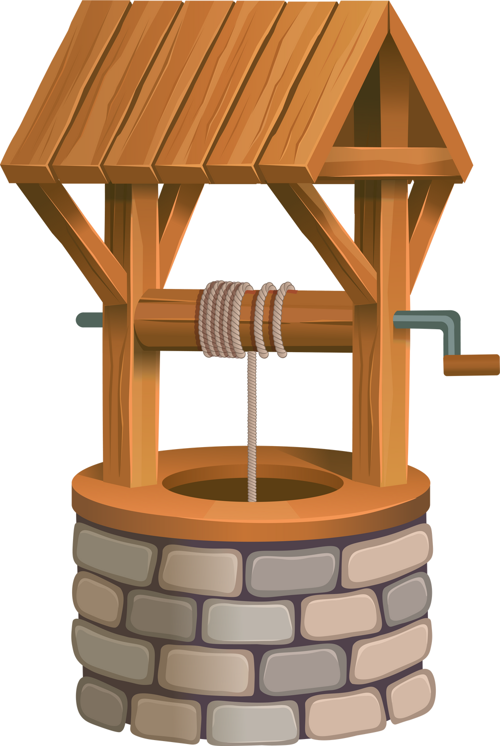 Old village stone well with wooden roof. Cartoon